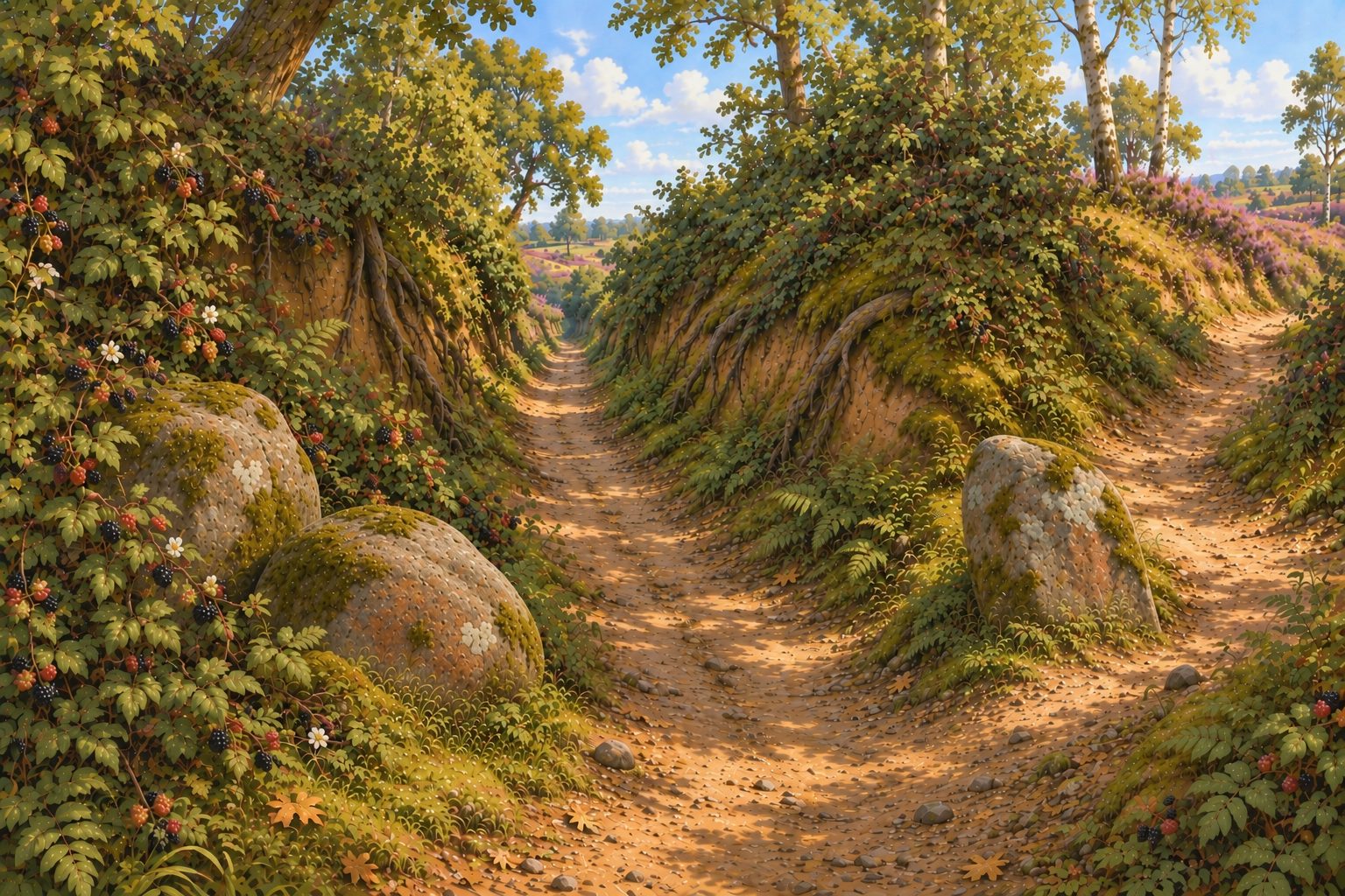 An old sunken path winding between mossy banks, brambles and heather, splitting in two around a grey boulder.